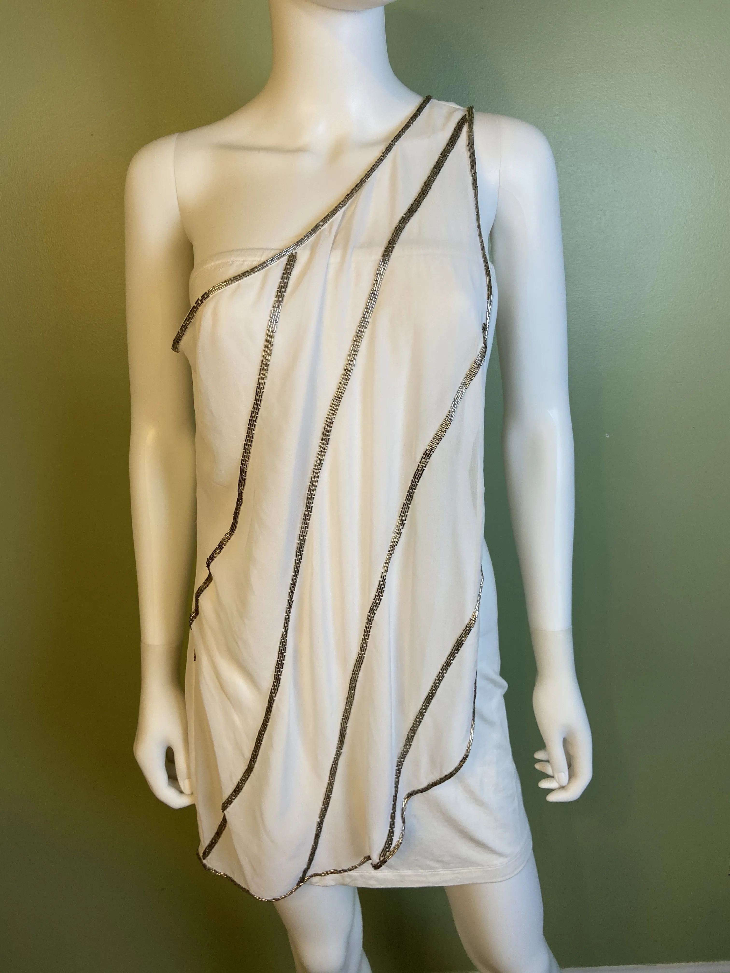 White Silver Beaded Grecian Stretch Mini Dress