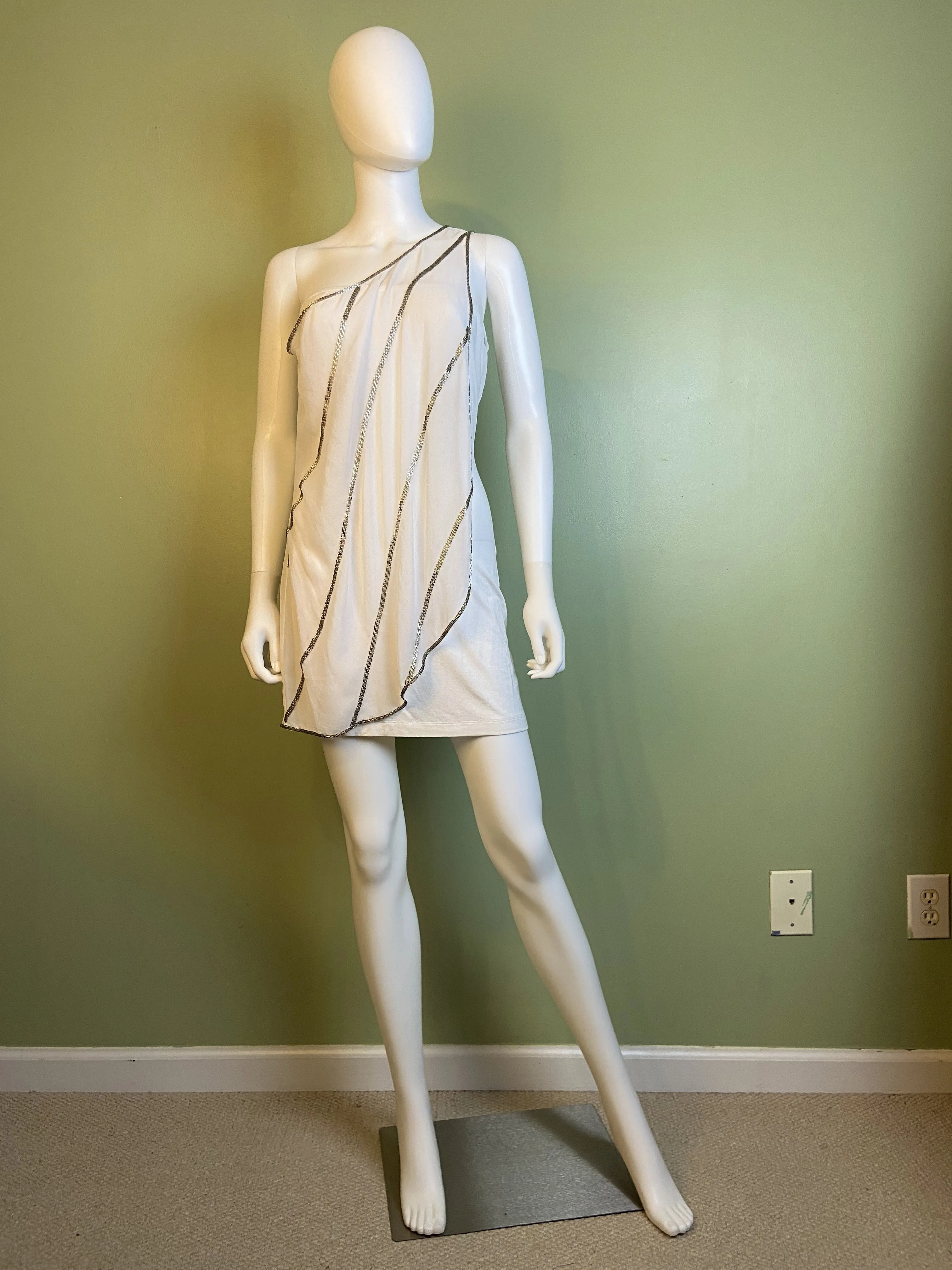 White Silver Beaded Grecian Stretch Mini Dress