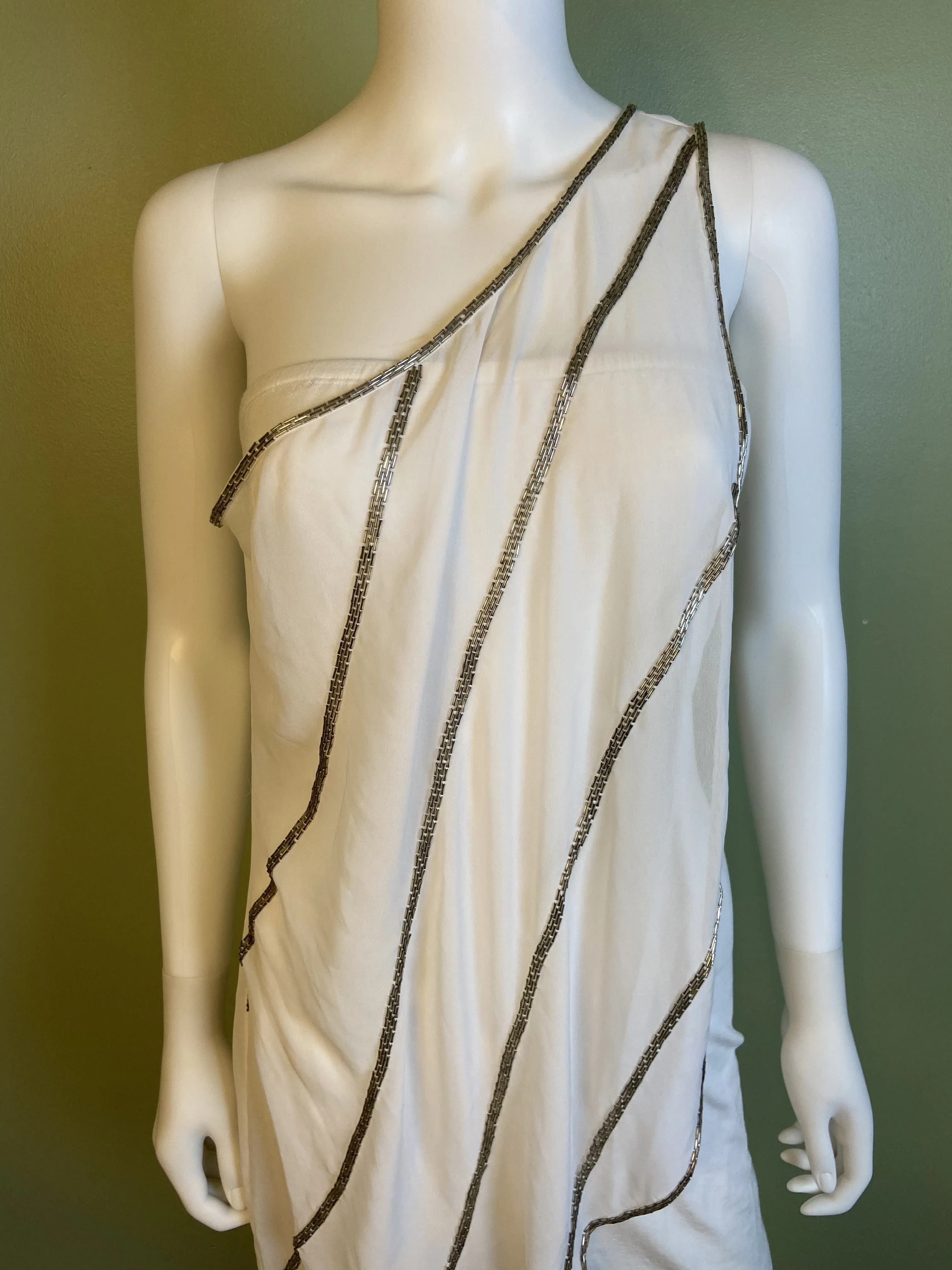White Silver Beaded Grecian Stretch Mini Dress
