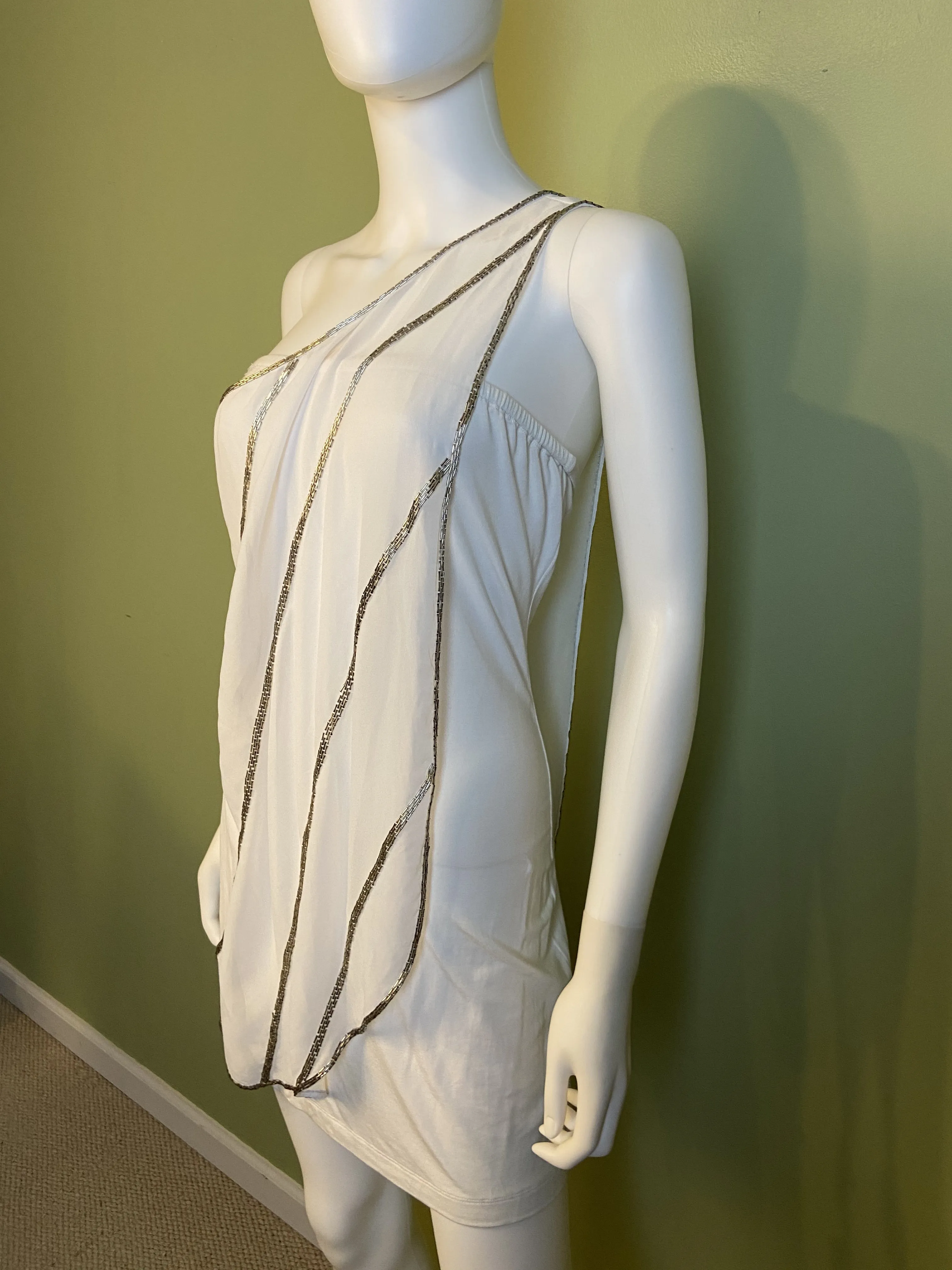 White Silver Beaded Grecian Stretch Mini Dress
