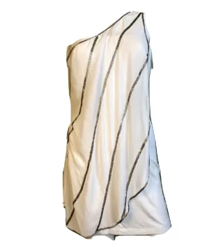 White Silver Beaded Grecian Stretch Mini Dress