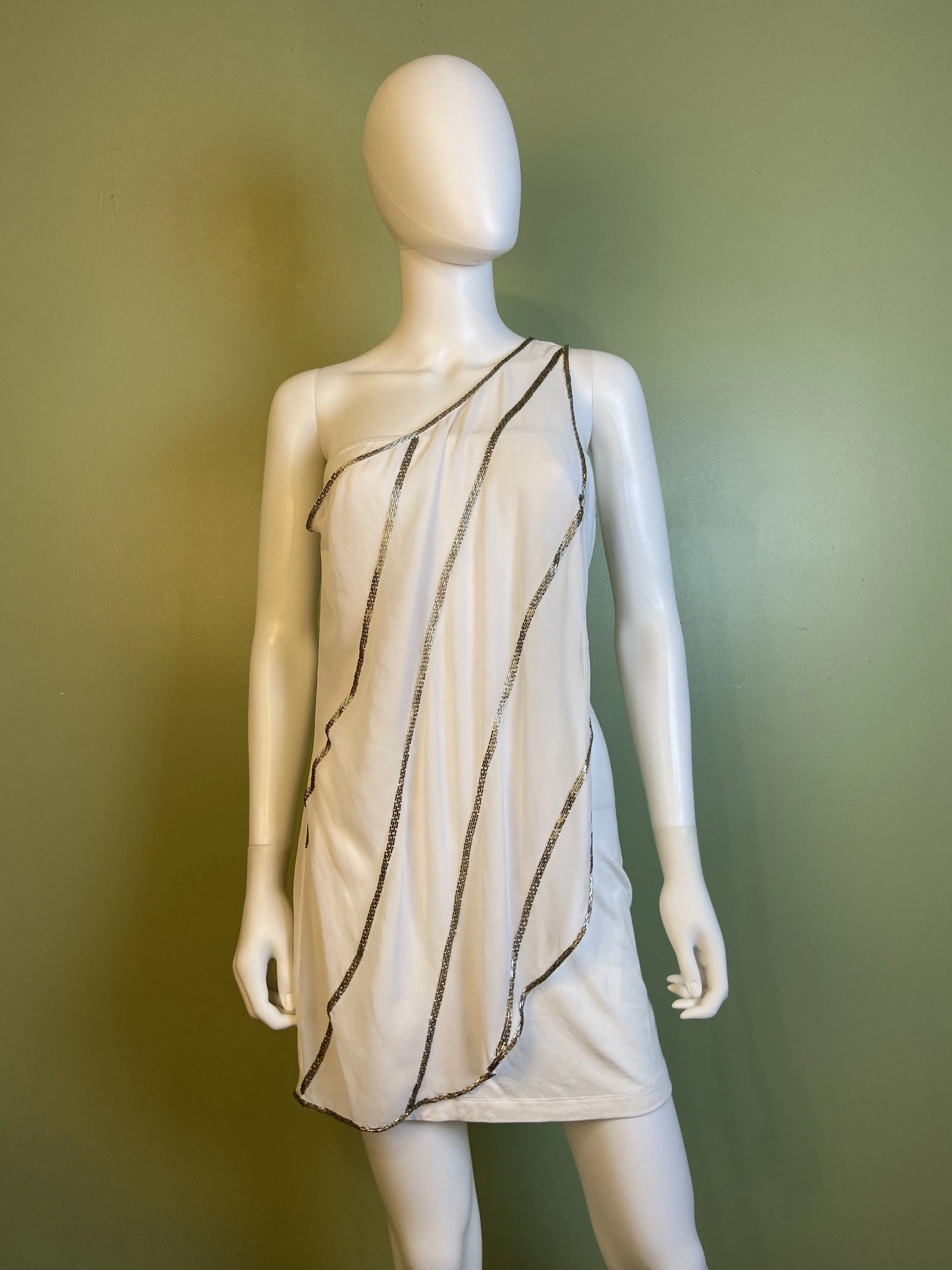 White Silver Beaded Grecian Stretch Mini Dress