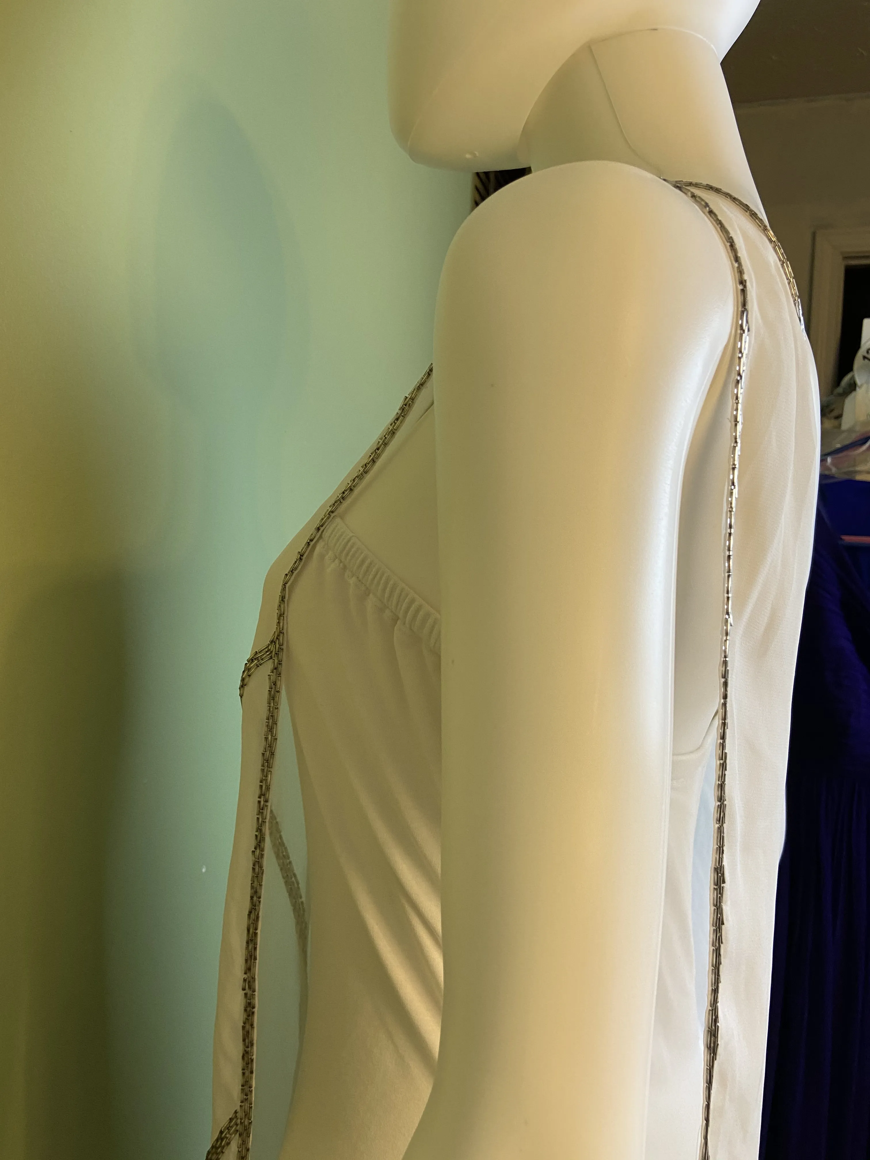 White Silver Beaded Grecian Stretch Mini Dress