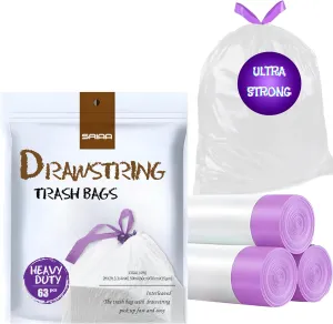 White Trash Bags with Drawstring 13 Gallons- 3 Rolls 63 Bags -24" x 28" Inches, Ultra-Strong & Leak-Proof