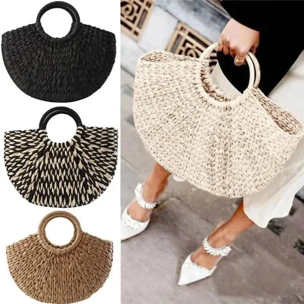 Wicker Handbag Straw Half-Round Casual Travel Tote for Women