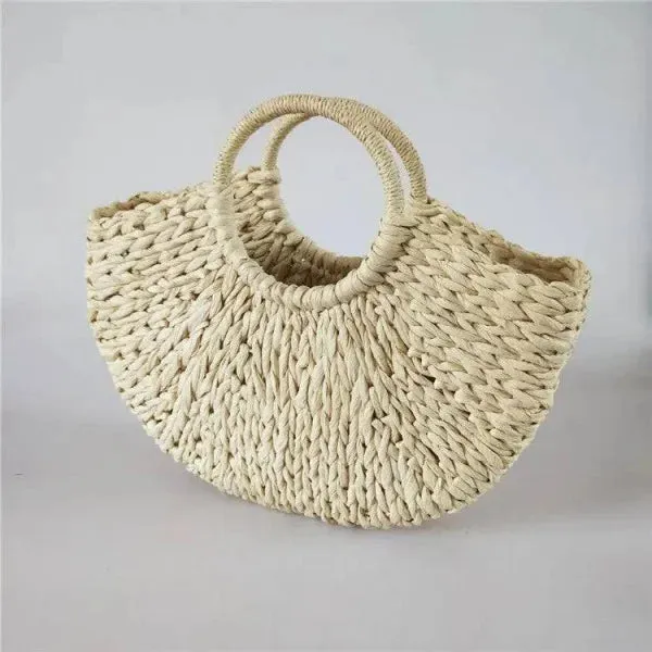Wicker Handbag Straw Half-Round Casual Travel Tote for Women
