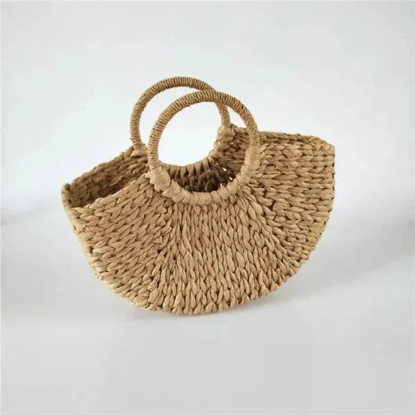 Wicker Handbag Straw Half-Round Casual Travel Tote for Women