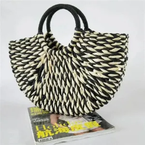 Wicker Handbag Straw Half-Round Casual Travel Tote for Women