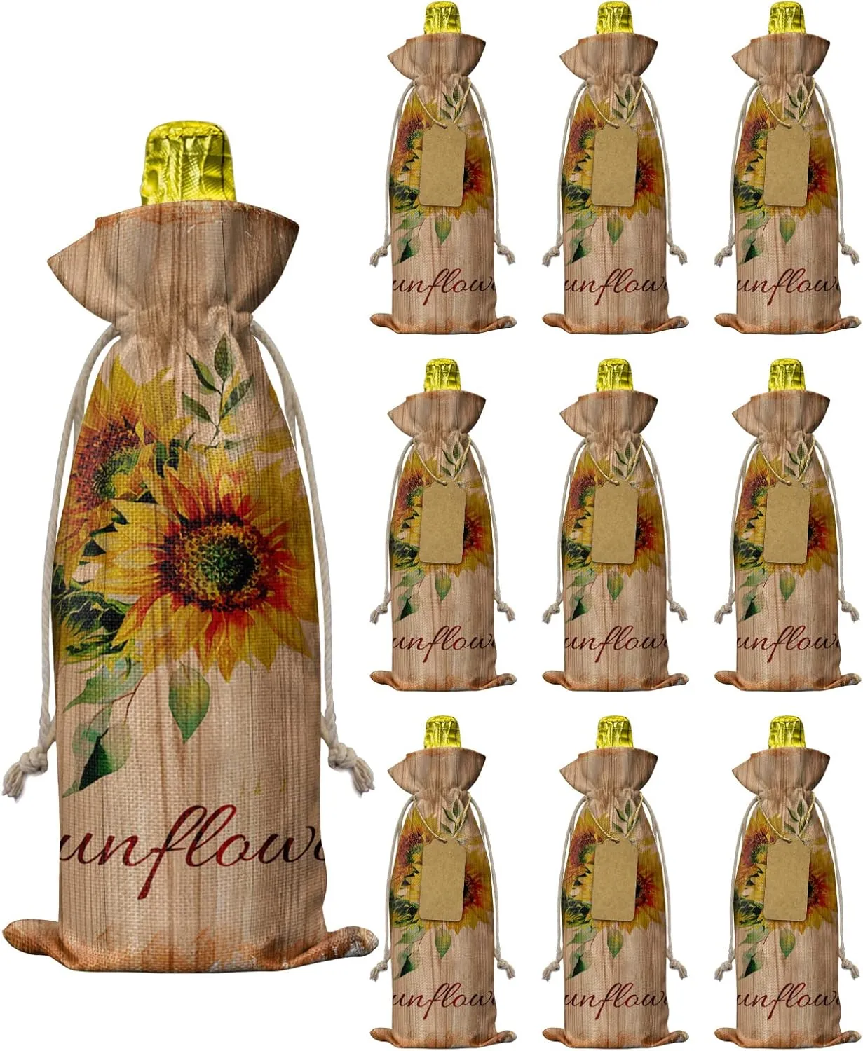 Wine Gift Bag Washable Wine Bags for Wine Bottles Gifts Retro Sunflower Vintage Barn Wood Farmhouse Wine Travel Bag Burlap Wine Bags with Drawstrings Tabs, 10PCS, 6.3x17.3 Inch