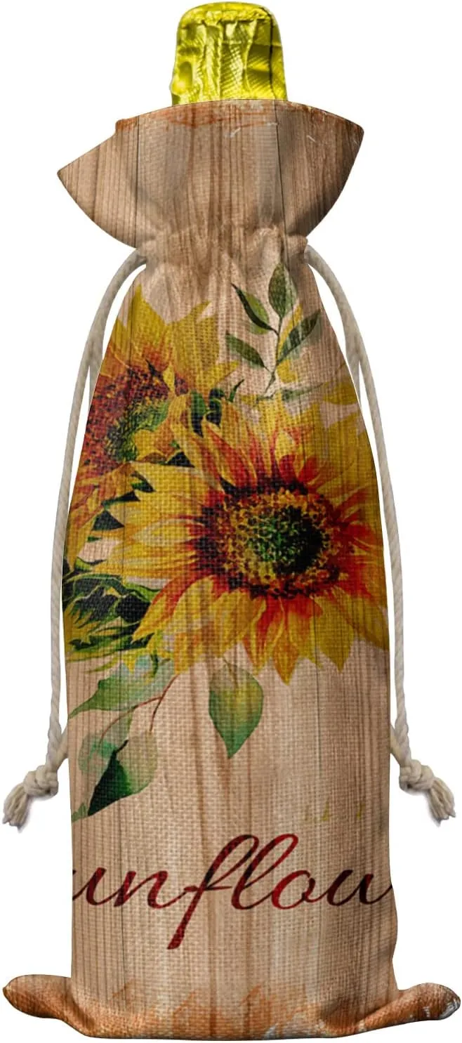 Wine Gift Bag Washable Wine Bags for Wine Bottles Gifts Retro Sunflower Vintage Barn Wood Farmhouse Wine Travel Bag Burlap Wine Bags with Drawstrings Tabs, 10PCS, 6.3x17.3 Inch