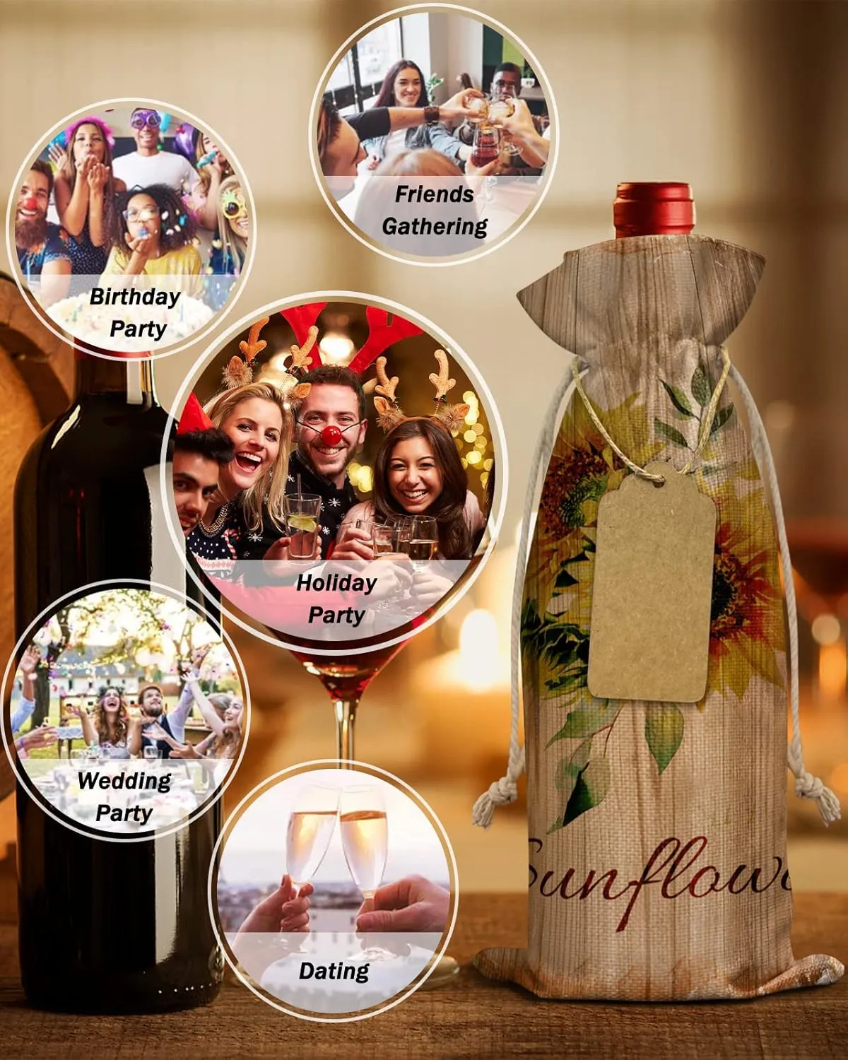 Wine Gift Bag Washable Wine Bags for Wine Bottles Gifts Retro Sunflower Vintage Barn Wood Farmhouse Wine Travel Bag Burlap Wine Bags with Drawstrings Tabs, 10PCS, 6.3x17.3 Inch