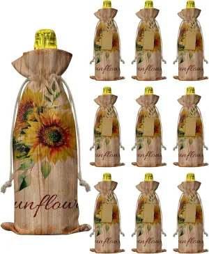 Wine Gift Bag Washable Wine Bags for Wine Bottles Gifts Retro Sunflower Vintage Barn Wood Farmhouse Wine Travel Bag Burlap Wine Bags with Drawstrings Tabs, 10PCS, 6.3x17.3 Inch