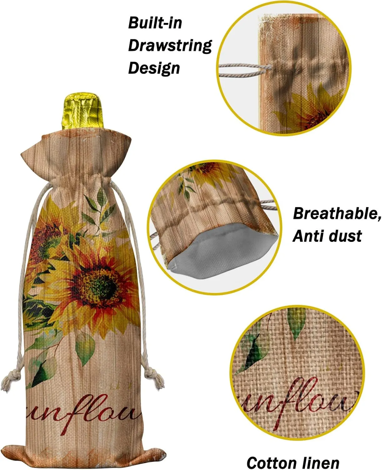 Wine Gift Bag Washable Wine Bags for Wine Bottles Gifts Retro Sunflower Vintage Barn Wood Farmhouse Wine Travel Bag Burlap Wine Bags with Drawstrings Tabs, 10PCS, 6.3x17.3 Inch
