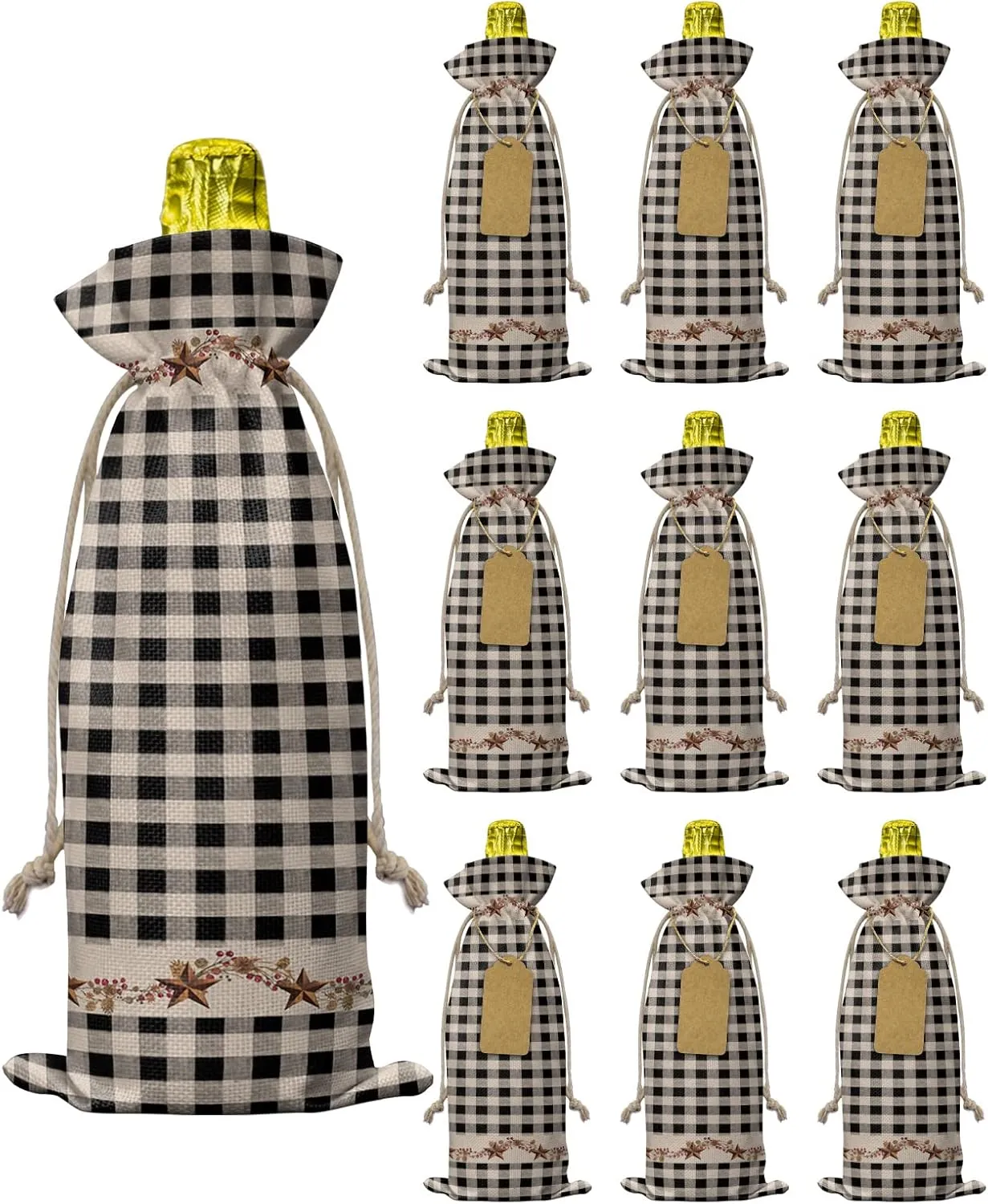 Wine Gift Bag Washable Wine Bags for Wine Bottles Gifts Western Texas Star Primitive Berries Black Buffalo Checkered Plaid Wine Travel Bag Burlap Wine Bags with Drawstrings Tabs, 10PCS, 6.3"x17.3"