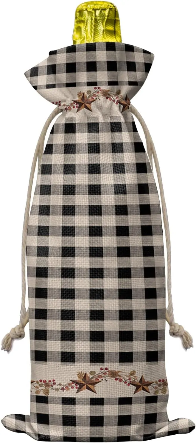 Wine Gift Bag Washable Wine Bags for Wine Bottles Gifts Western Texas Star Primitive Berries Black Buffalo Checkered Plaid Wine Travel Bag Burlap Wine Bags with Drawstrings Tabs, 10PCS, 6.3"x17.3"