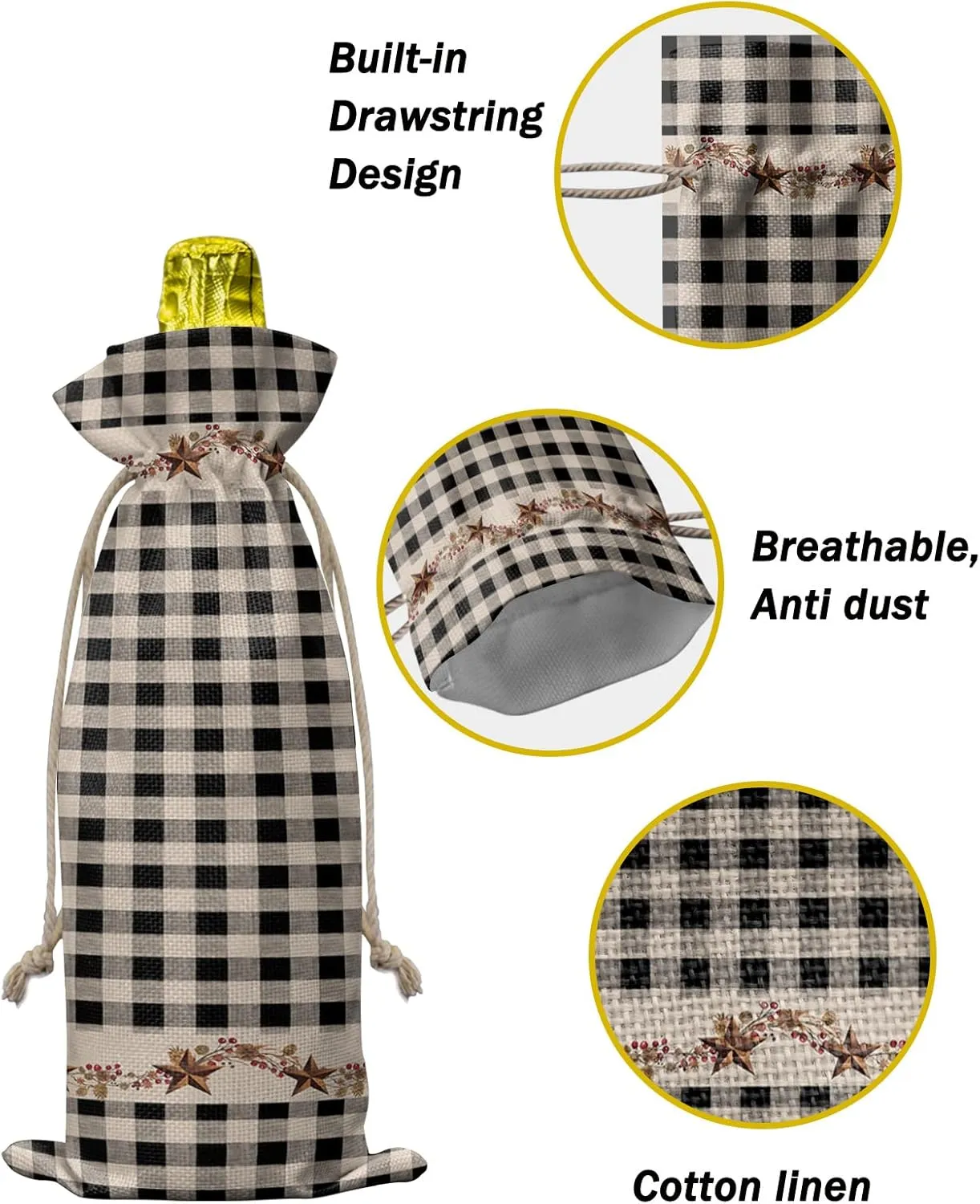 Wine Gift Bag Washable Wine Bags for Wine Bottles Gifts Western Texas Star Primitive Berries Black Buffalo Checkered Plaid Wine Travel Bag Burlap Wine Bags with Drawstrings Tabs, 10PCS, 6.3"x17.3"