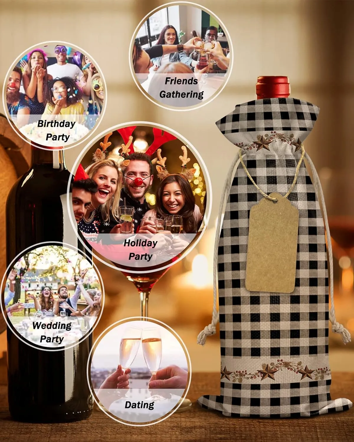 Wine Gift Bag Washable Wine Bags for Wine Bottles Gifts Western Texas Star Primitive Berries Black Buffalo Checkered Plaid Wine Travel Bag Burlap Wine Bags with Drawstrings Tabs, 10PCS, 6.3"x17.3"