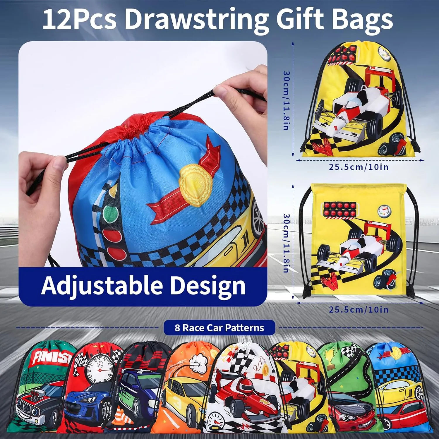 Winrayk 12 Sets Race Car Party Favors Birthday Supplies Racing Drawstring Bags Luminous Tattoo Stickers Boys Kids Racing Gifts Toys Goodie Bag Stuffers Filler Race Car Themed Birthday Party Supplies