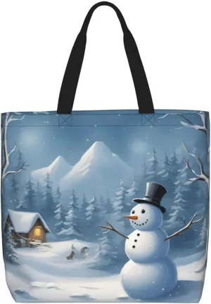 Winter Snowman Print Women Reuseable Handbag, Grocery Bag Foldable For Shopping Travel Activity