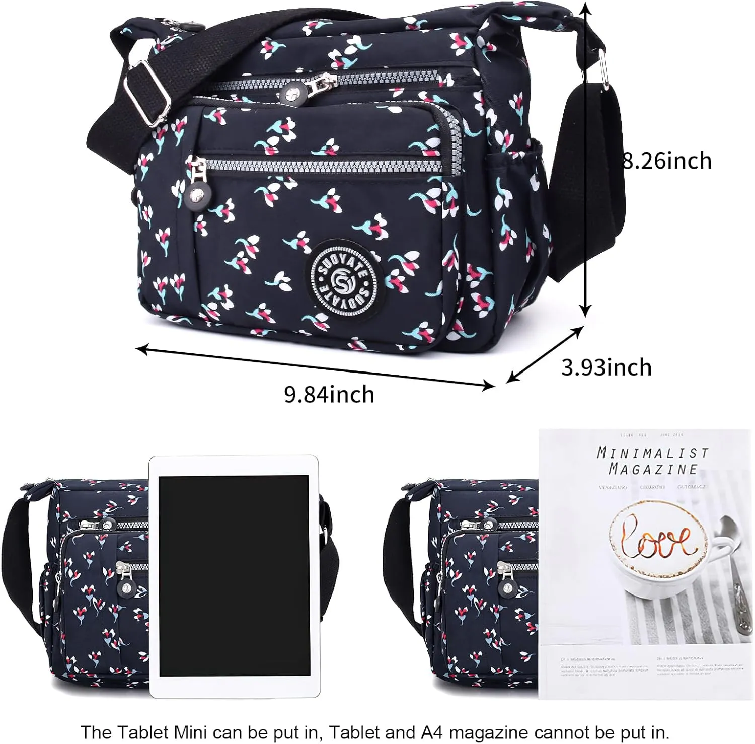 WITERY Nylon Shoulder Bags for Women - Multi-Pocket Zipper Waterproof Travel Purse Casual Small Lightweight Messenger Bag