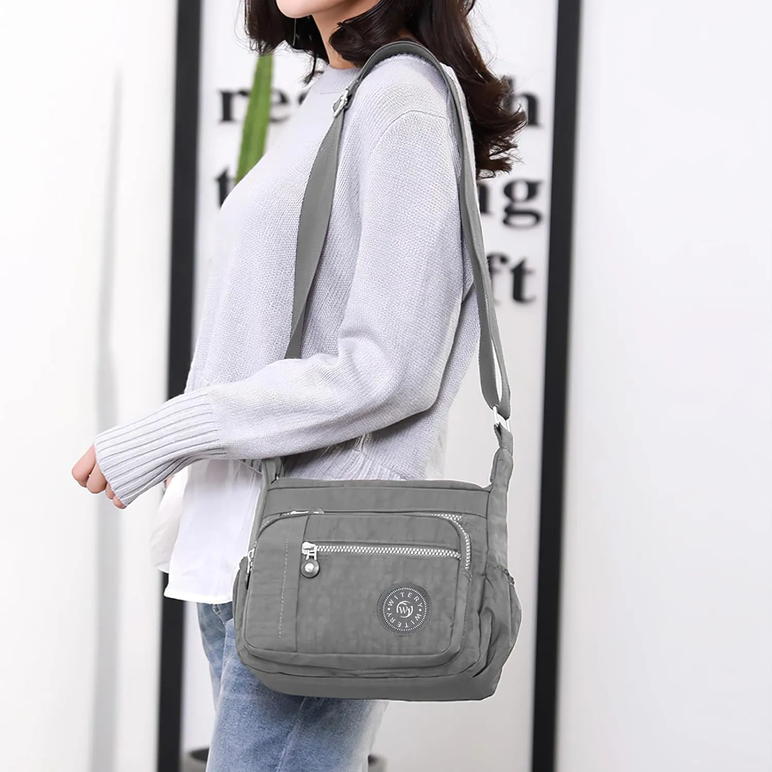 WITERY Nylon Shoulder Bags for Women - Multi-Pocket Zipper Waterproof Travel Purse Casual Small Lightweight Messenger Bag