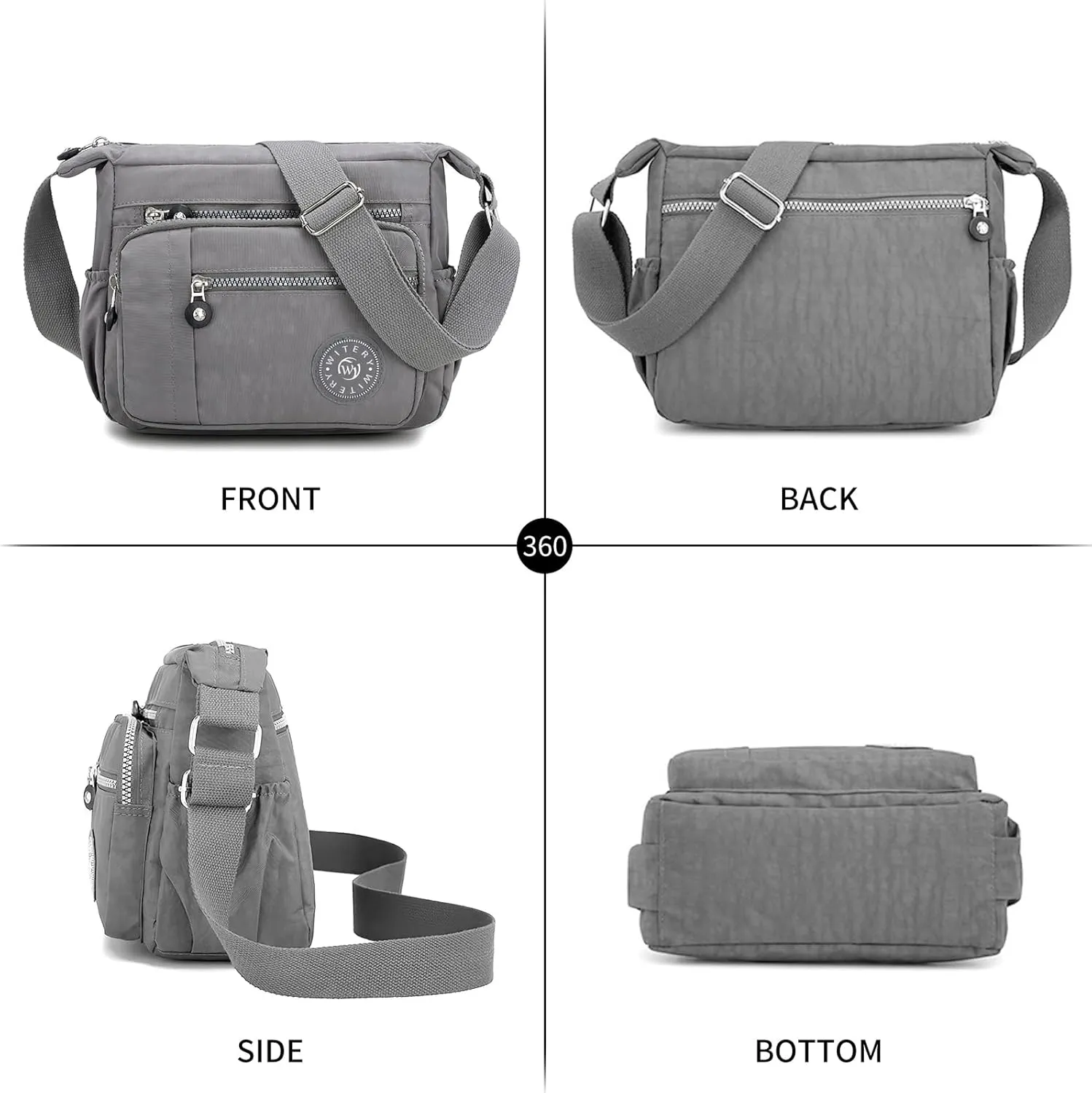 WITERY Nylon Shoulder Bags for Women - Multi-Pocket Zipper Waterproof Travel Purse Casual Small Lightweight Messenger Bag