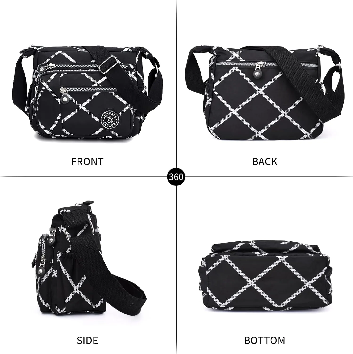 WITERY Nylon Shoulder Bags for Women - Multi-Pocket Zipper Waterproof Travel Purse Casual Small Lightweight Messenger Bag