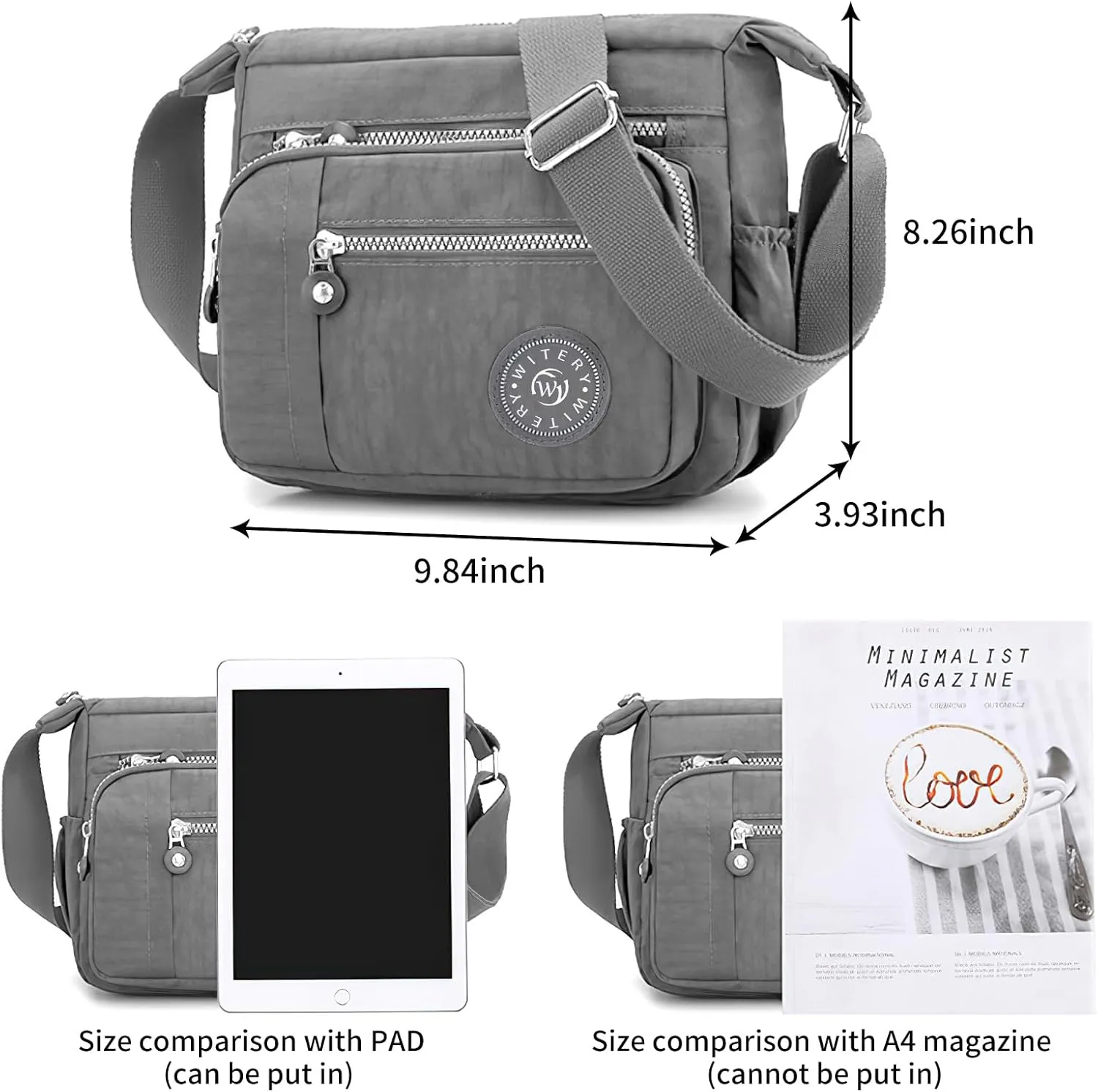 WITERY Nylon Shoulder Bags for Women - Multi-Pocket Zipper Waterproof Travel Purse Casual Small Lightweight Messenger Bag