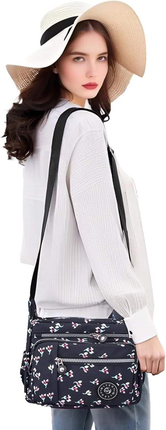 WITERY Nylon Shoulder Bags for Women - Multi-Pocket Zipper Waterproof Travel Purse Casual Small Lightweight Messenger Bag