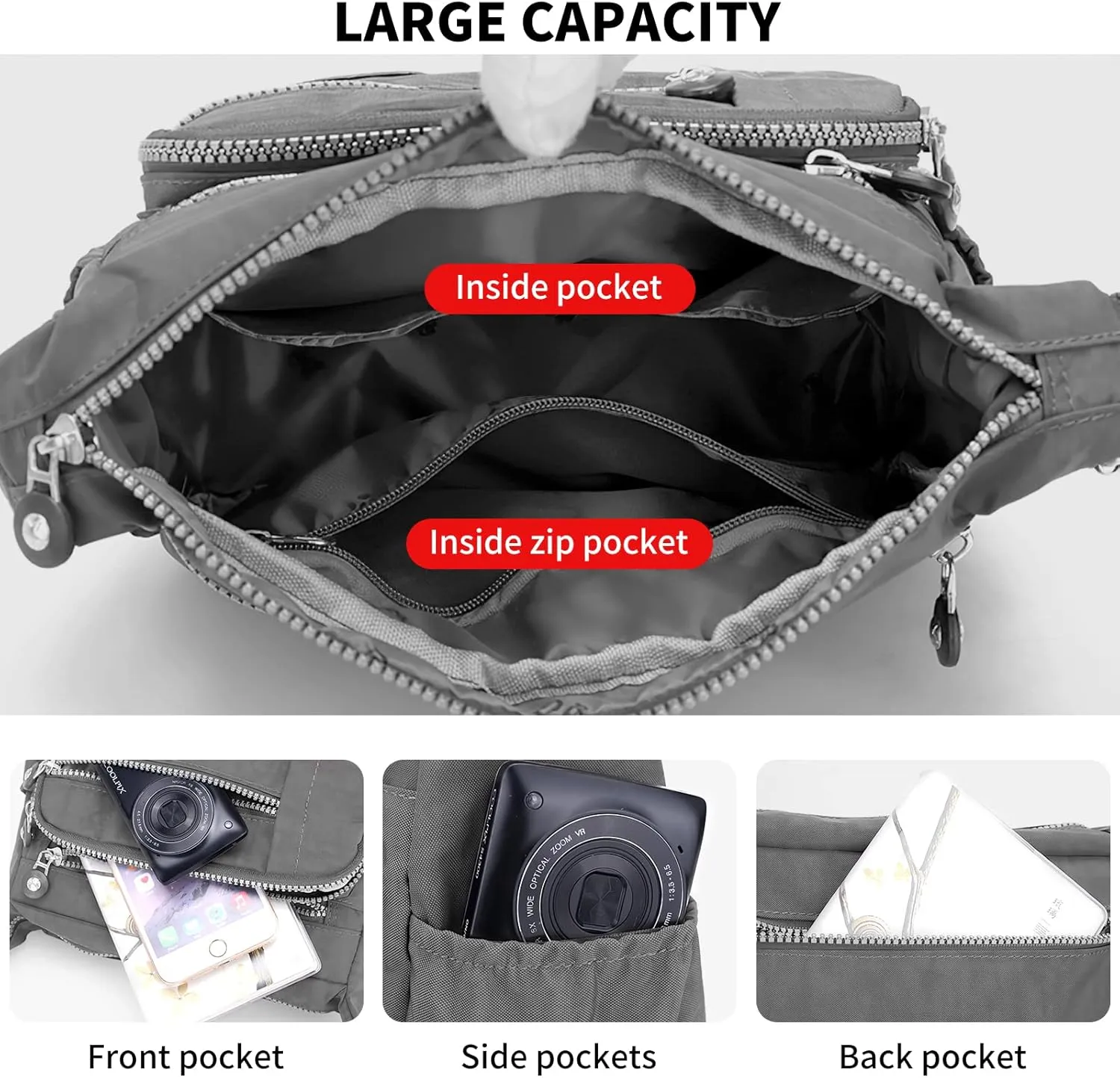 WITERY Nylon Shoulder Bags for Women - Multi-Pocket Zipper Waterproof Travel Purse Casual Small Lightweight Messenger Bag
