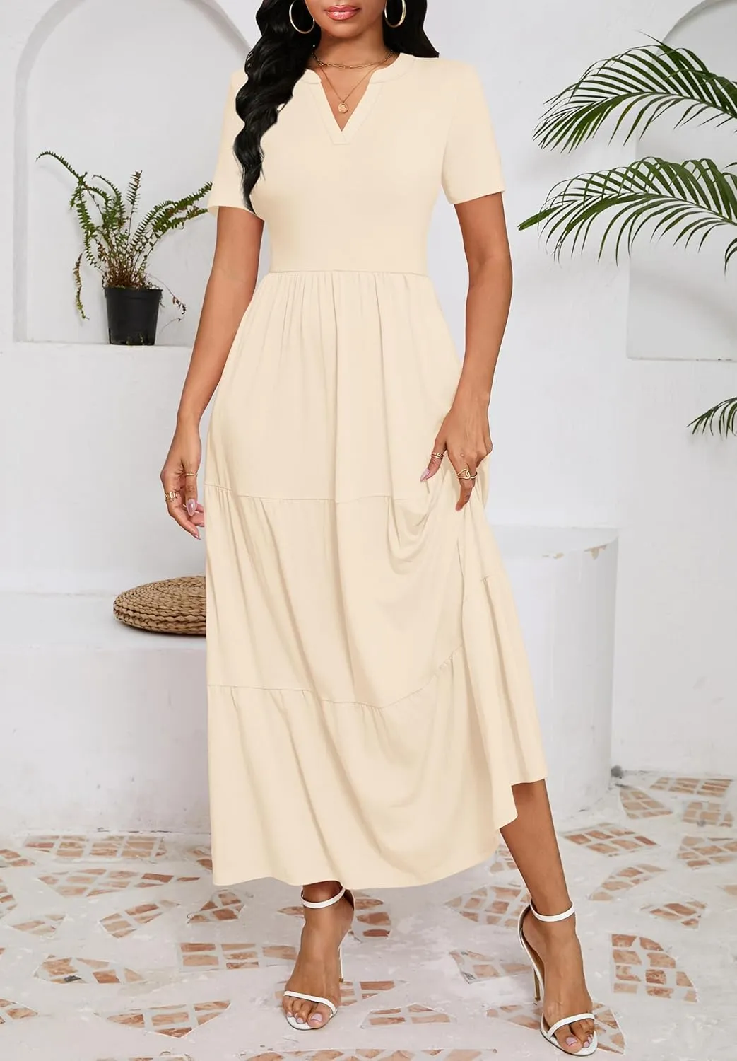 Women 2025 Casual Loose Maxi Dress with Pockets V Neck Short Sleeve Tiered Long Summer Beach Swing Dresses