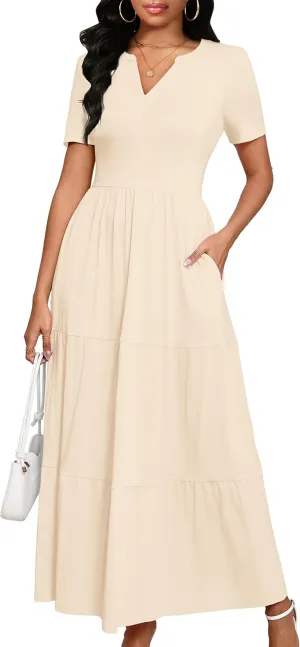 Women 2025 Casual Loose Maxi Dress with Pockets V Neck Short Sleeve Tiered Long Summer Beach Swing Dresses