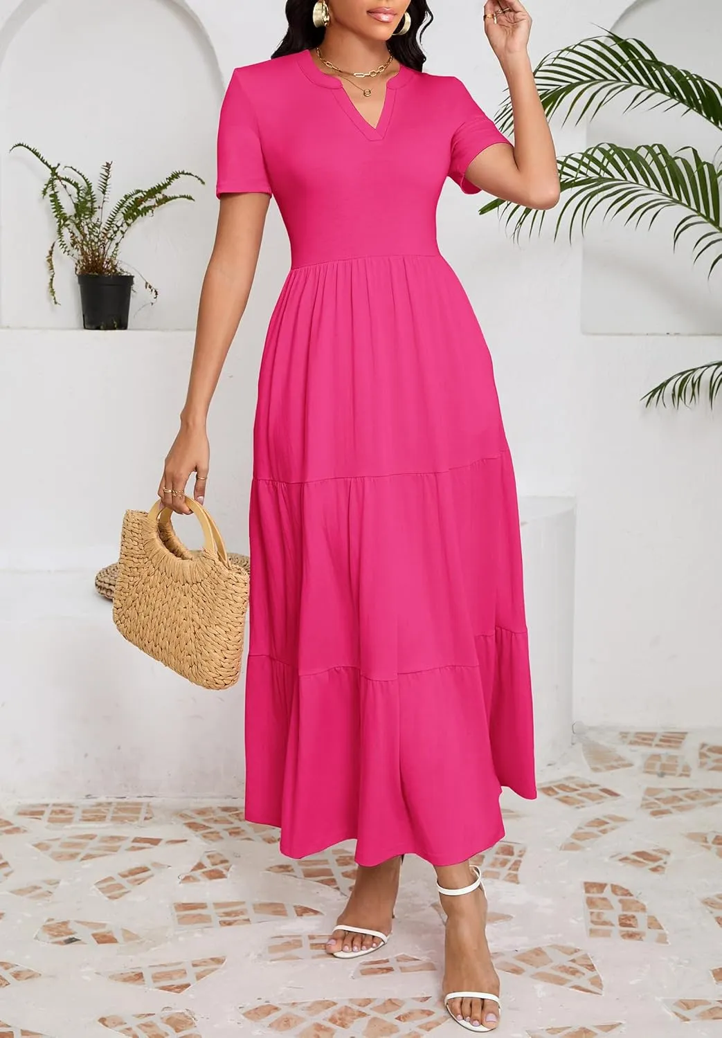 Women 2025 Casual Loose Maxi Dress with Pockets V Neck Short Sleeve Tiered Long Summer Beach Swing Dresses