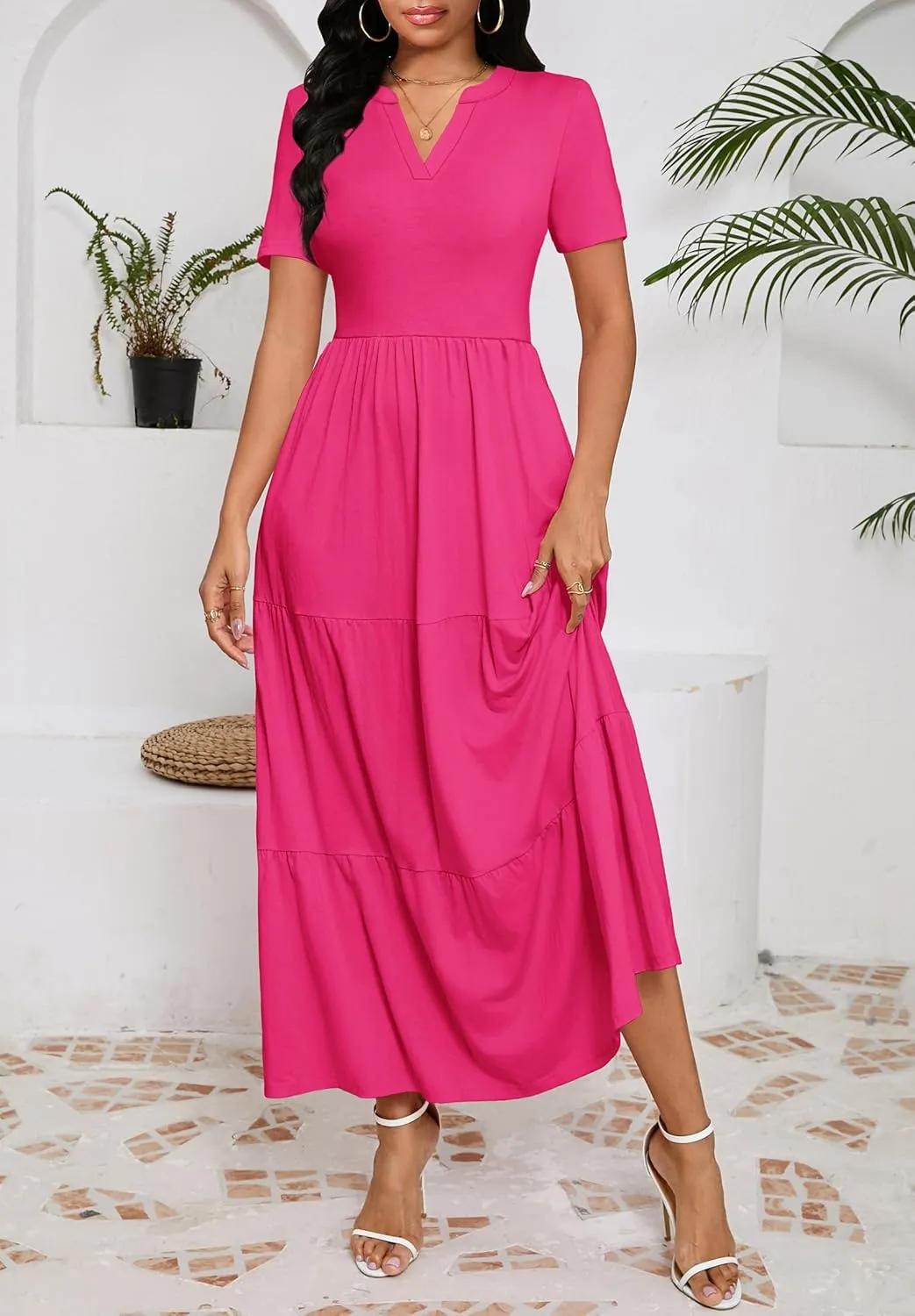 Women 2025 Casual Loose Maxi Dress with Pockets V Neck Short Sleeve Tiered Long Summer Beach Swing Dresses