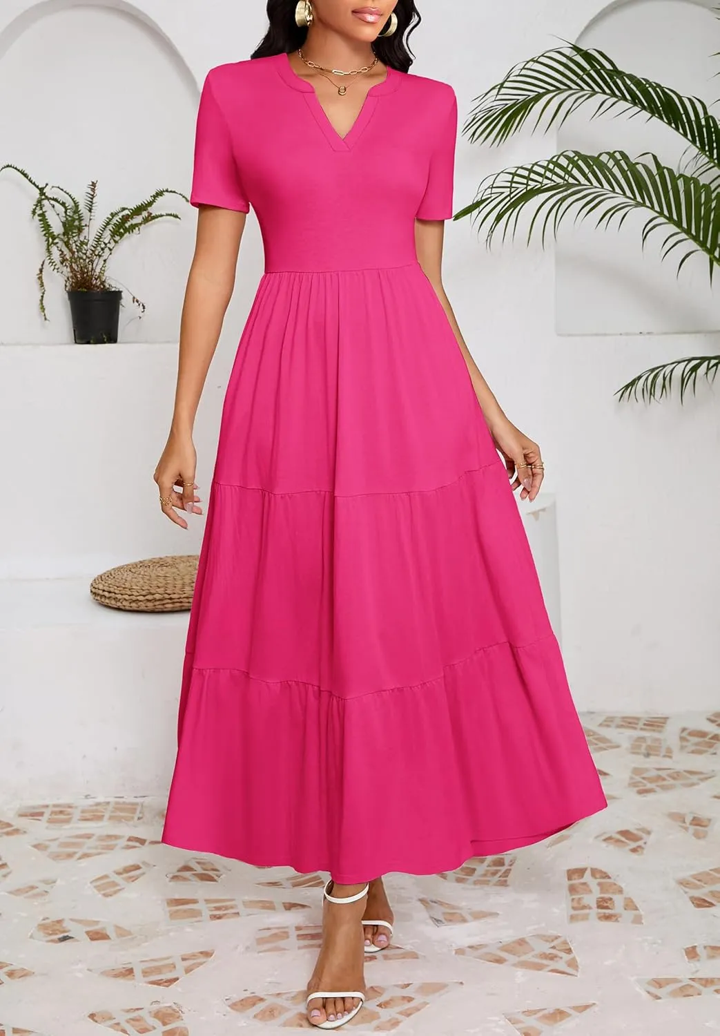 Women 2025 Casual Loose Maxi Dress with Pockets V Neck Short Sleeve Tiered Long Summer Beach Swing Dresses