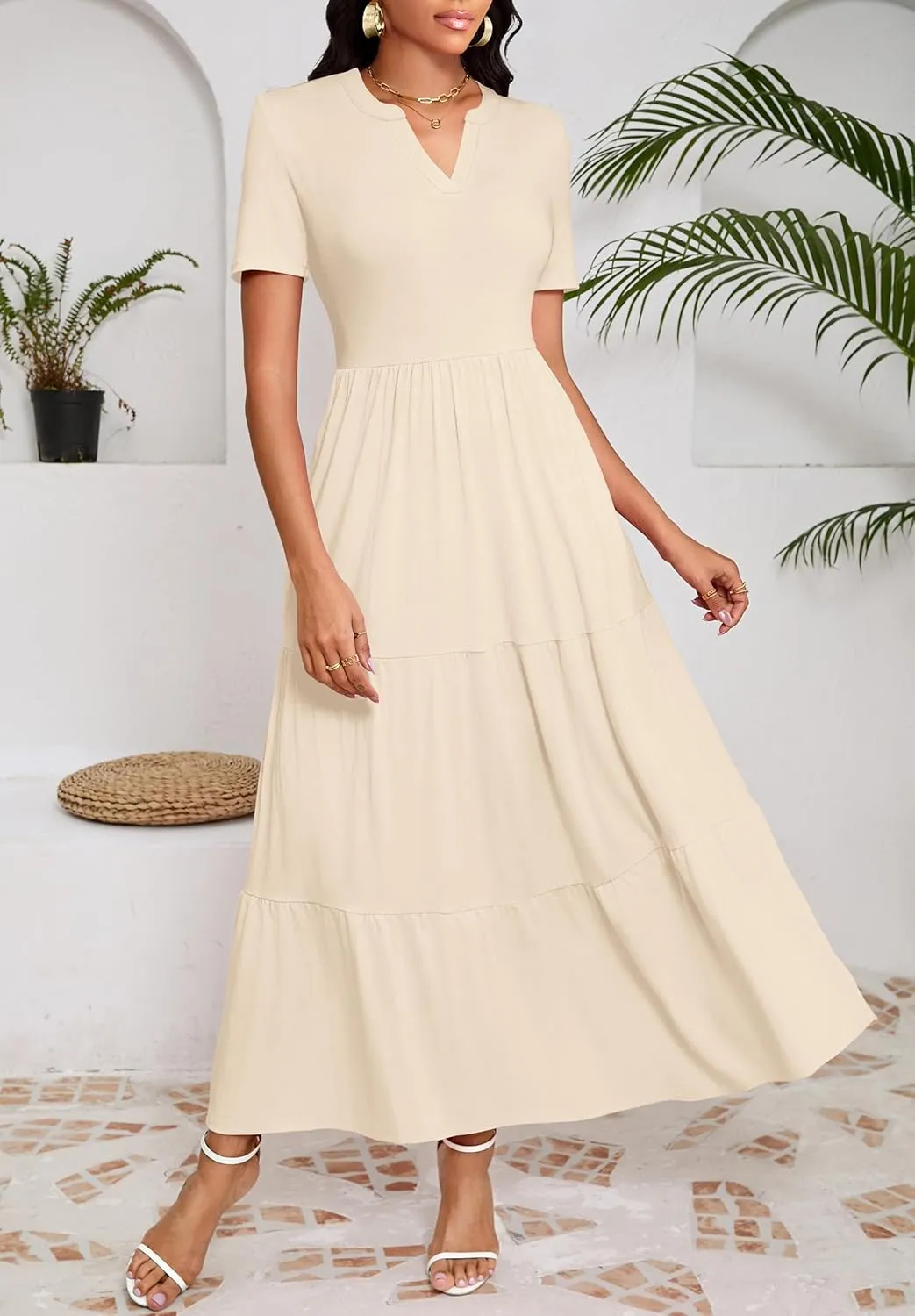 Women 2025 Casual Loose Maxi Dress with Pockets V Neck Short Sleeve Tiered Long Summer Beach Swing Dresses