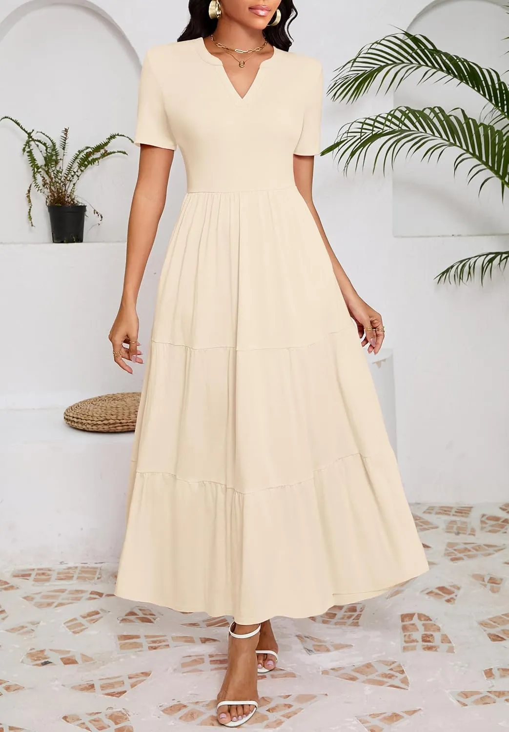 Women 2025 Casual Loose Maxi Dress with Pockets V Neck Short Sleeve Tiered Long Summer Beach Swing Dresses