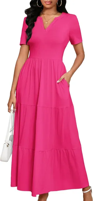 Women 2025 Casual Loose Maxi Dress with Pockets V Neck Short Sleeve Tiered Long Summer Beach Swing Dresses