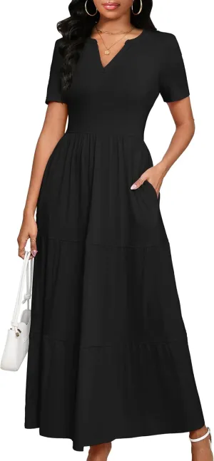 Women 2025 Casual Loose Maxi Dress with Pockets V Neck Short Sleeve Tiered Long Summer Beach Swing Dresses