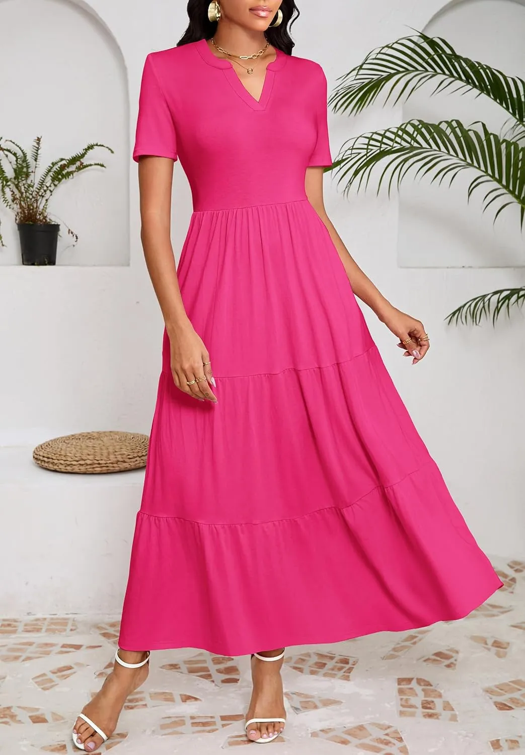 Women 2025 Casual Loose Maxi Dress with Pockets V Neck Short Sleeve Tiered Long Summer Beach Swing Dresses