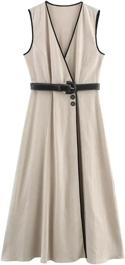 Women Casual Sleeveless Midi Long Dress with Belt Solid V-Neck A-Line Tank Dress