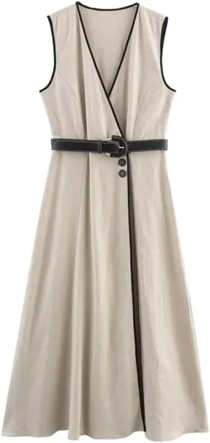 Women Casual Sleeveless Midi Long Dress with Belt Solid V-Neck A-Line Tank Dress