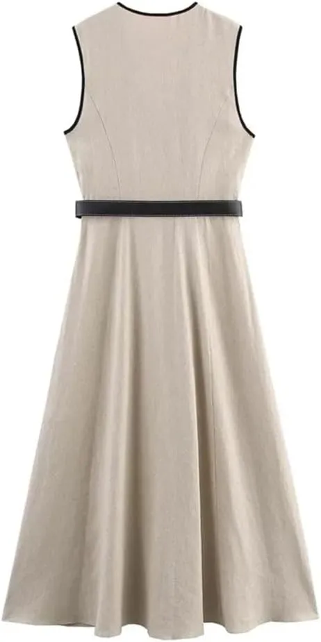 Women Casual Sleeveless Midi Long Dress with Belt Solid V-Neck A-Line Tank Dress