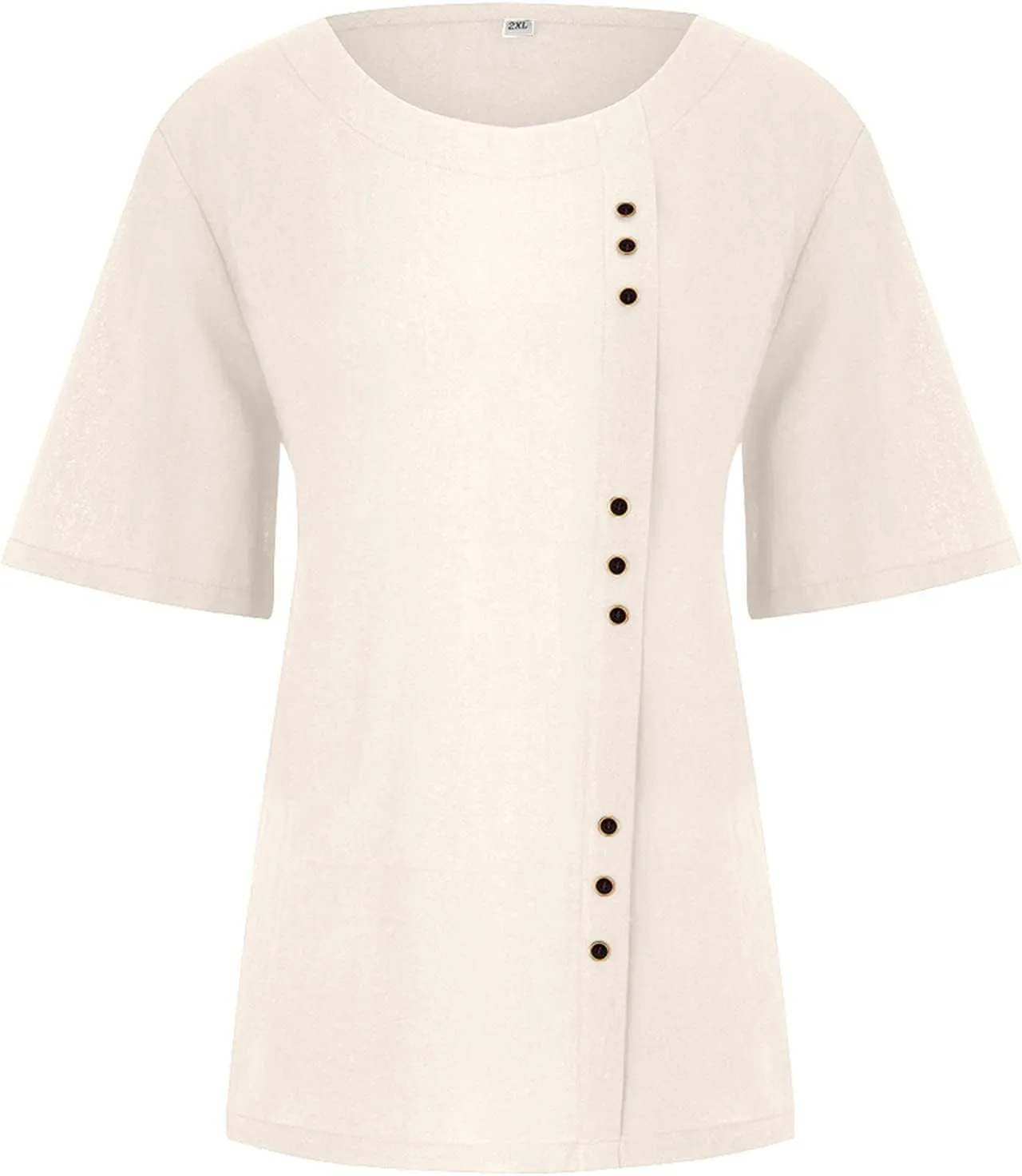 Women Cotton Linen Short Sleeve Shirts Summer Boho Floral Print Blouses Casual Button Loose Tunic Tops