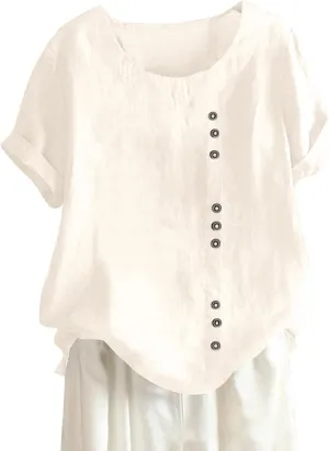 Women Cotton Linen Short Sleeve Shirts Summer Boho Floral Print Blouses Casual Button Loose Tunic Tops
