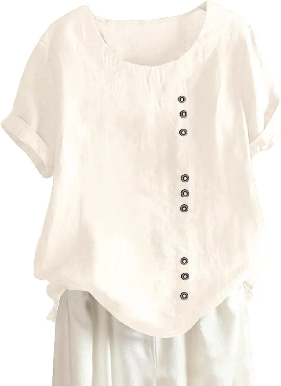 Women Cotton Linen Short Sleeve Shirts Summer Boho Floral Print Blouses Casual Button Loose Tunic Tops