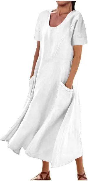 Women Flowy Cotton Linen Midi Dress Short Sleeve Casual Summer Dresses A Line Beach Dresses with Pockets
