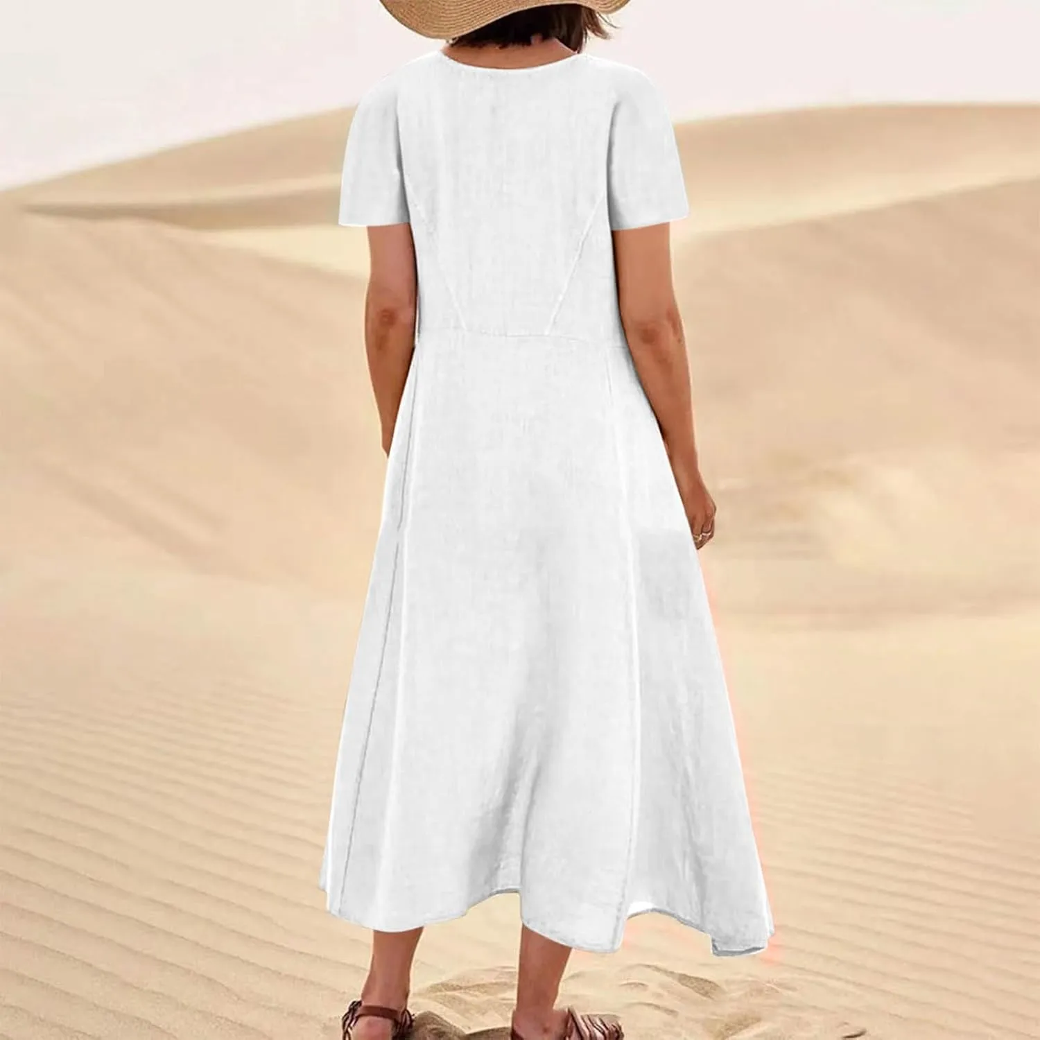 Women Flowy Cotton Linen Midi Dress Short Sleeve Casual Summer Dresses A Line Beach Dresses with Pockets