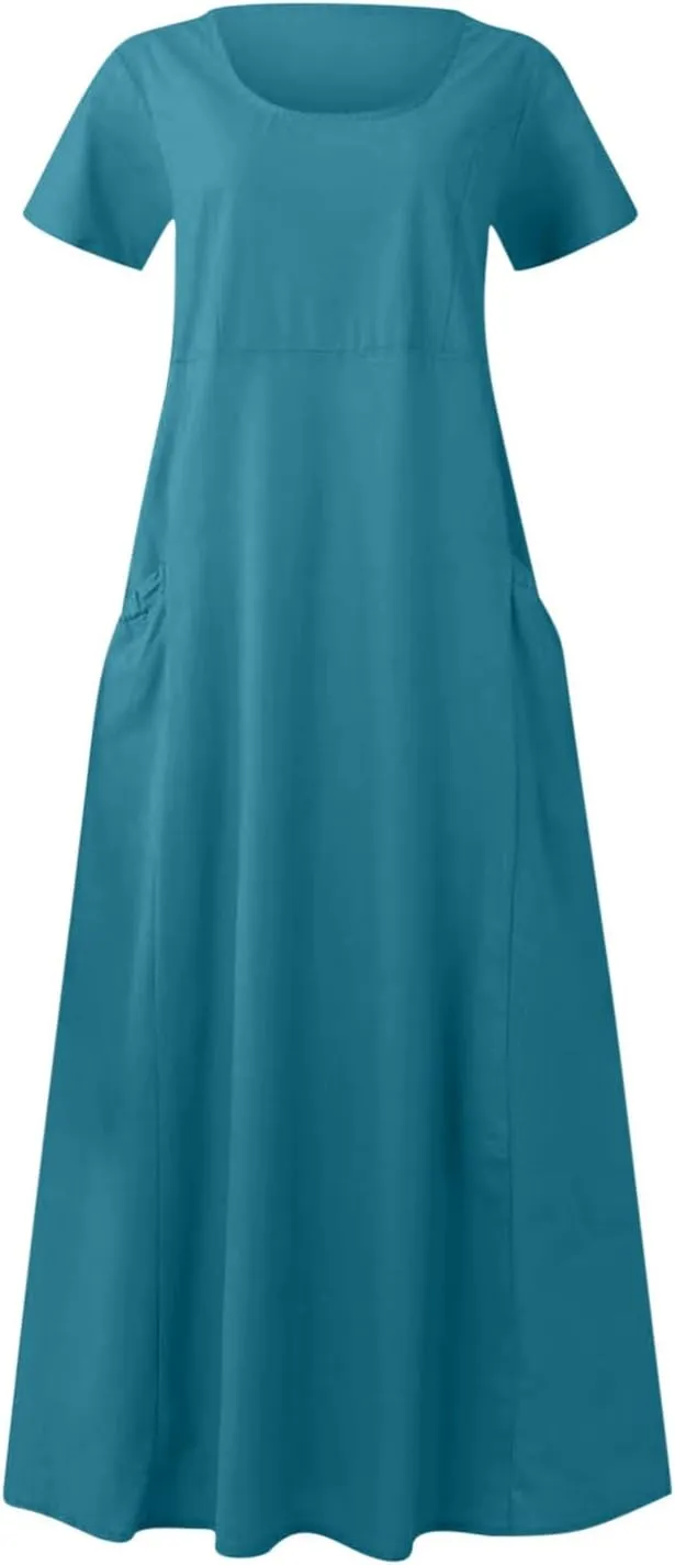 Women Flowy Cotton Linen Midi Dress Short Sleeve Casual Summer Dresses A Line Beach Dresses with Pockets