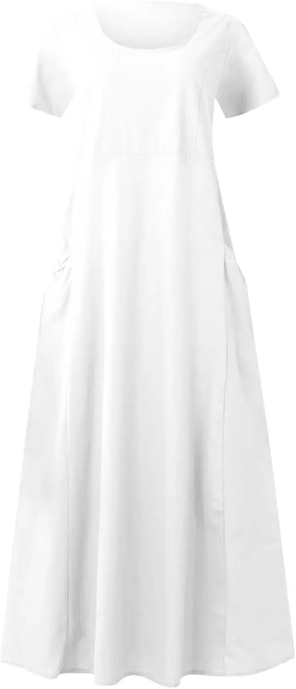 Women Flowy Cotton Linen Midi Dress Short Sleeve Casual Summer Dresses A Line Beach Dresses with Pockets